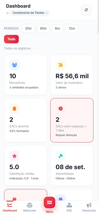 Dashboard no celular com a navegação inferior