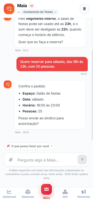 Conversa com a Maia no celular: dúvida sobre o regimento e pedido de reserva do salão