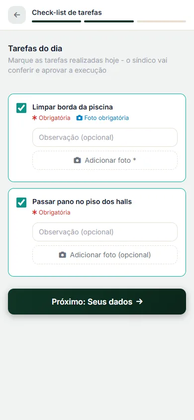 Checklist de tarefas aberto pelo QR no celular do funcionário