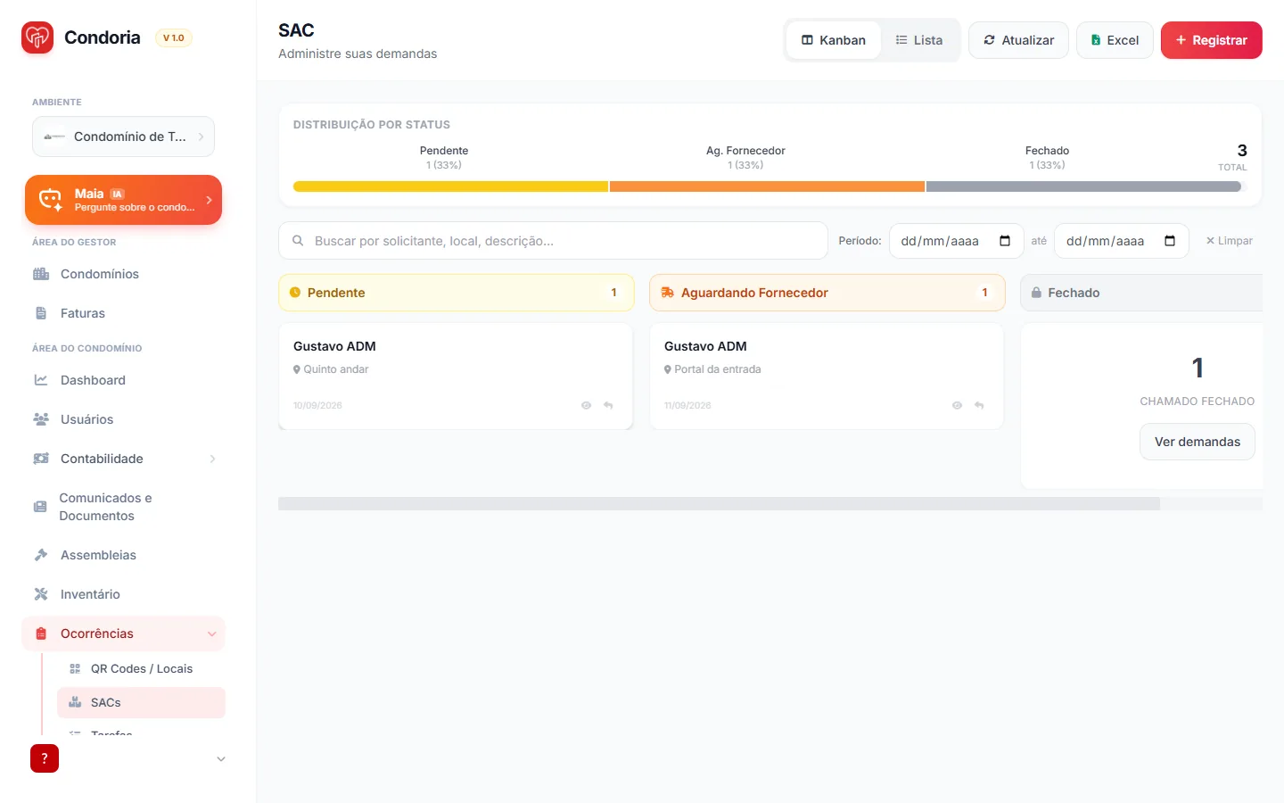 Kanban de chamados: pendente, aguardando fornecedor e fechado