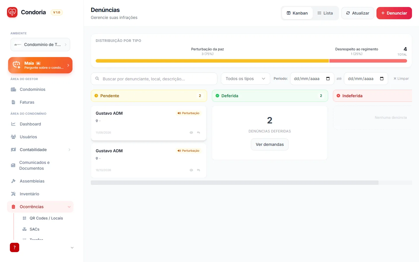 Denúncias em Kanban: pendente, deferida e indeferida