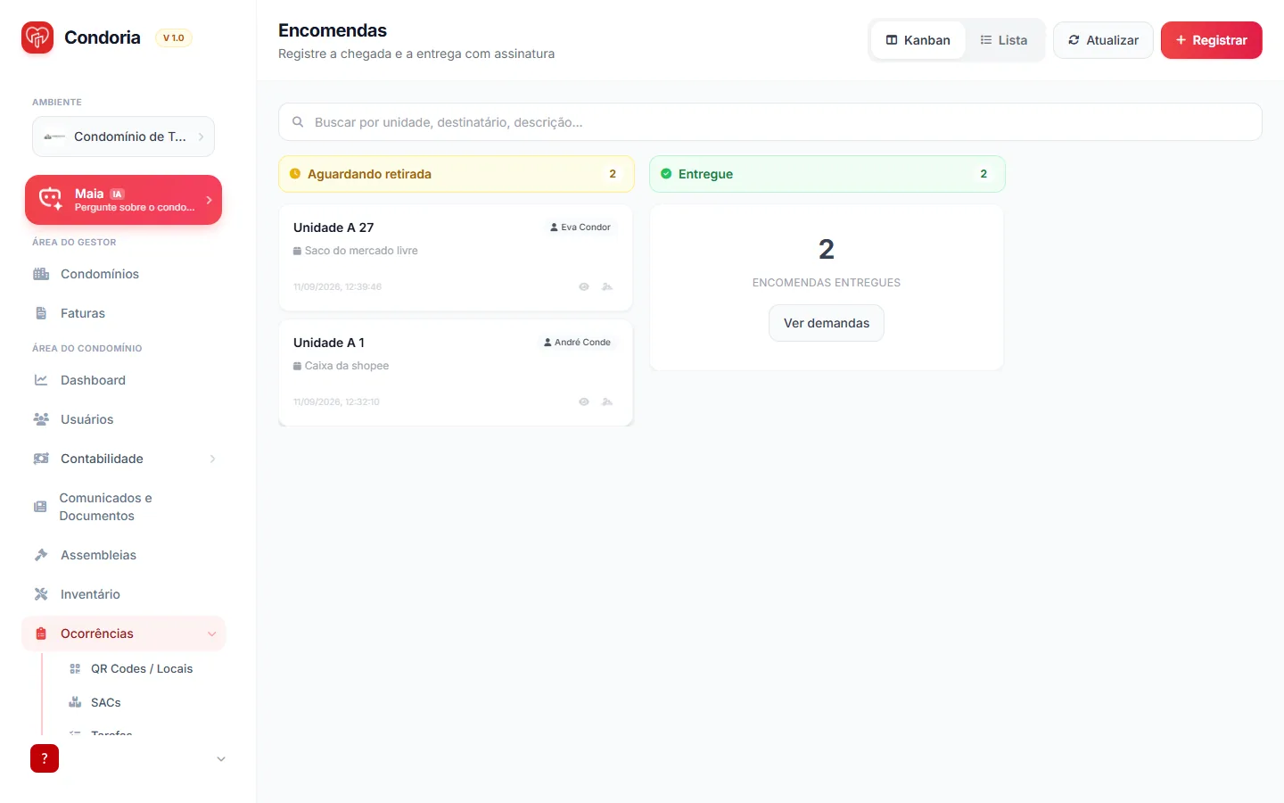 Kanban de encomendas: aguardando retirada e entregue