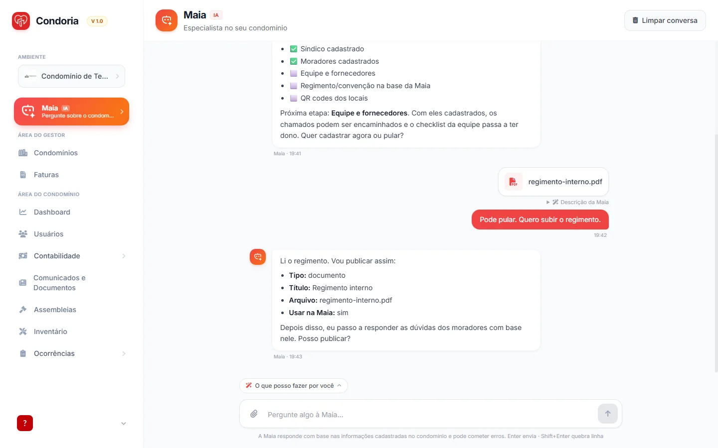 Onboarding com a Maia: checklist de etapas e publicação do regimento enviado em PDF