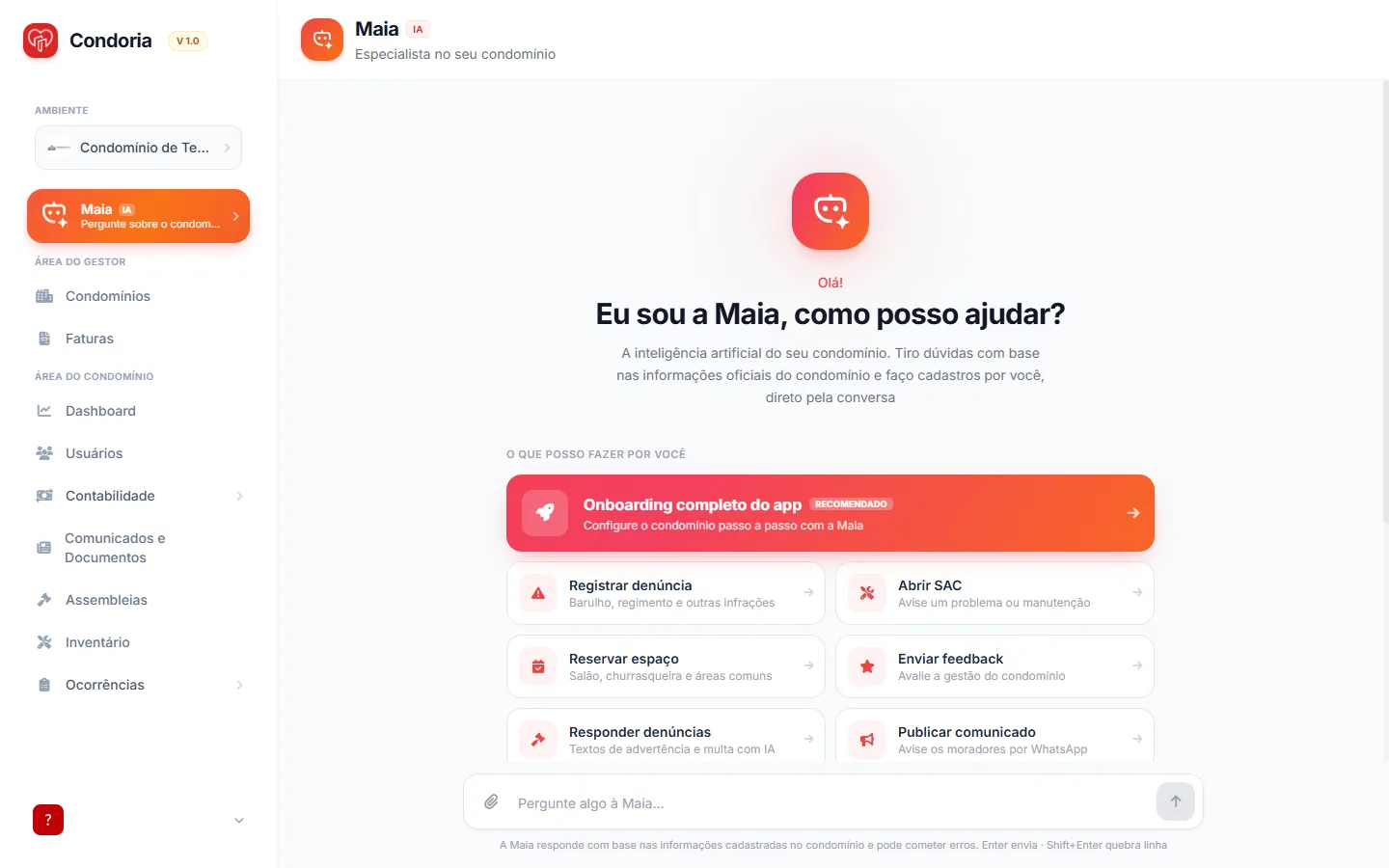 Tela da Maia com as ações rápidas e o onboarding completo do app