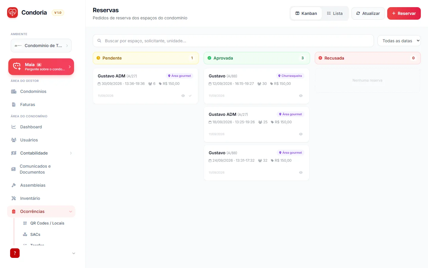Kanban de reservas: pendente, aprovada e recusada