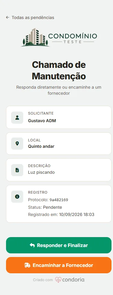 Chamado aberto pelo link do síndico