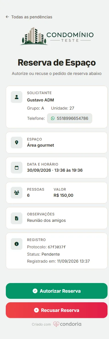 Reserva aberta pelo link do síndico