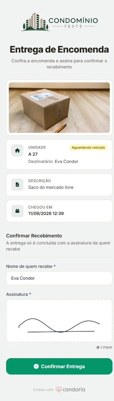Assinatura digital da encomenda no celular